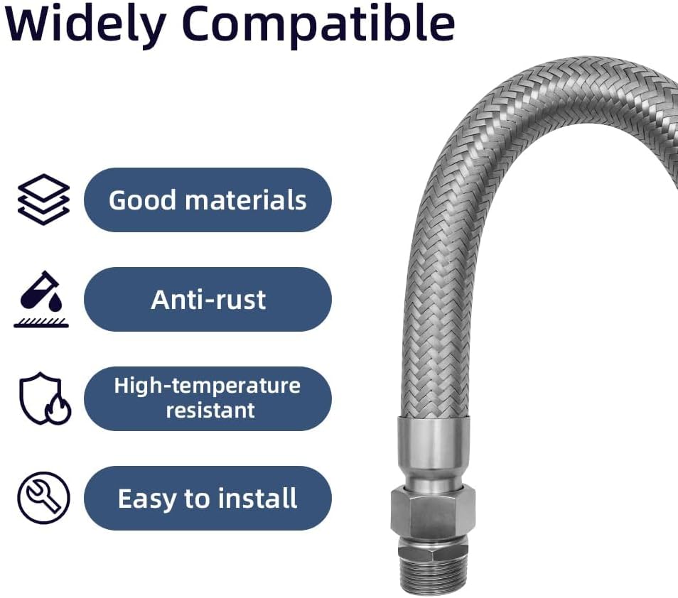 Compressor Jumper Hose, 20"Length 1" NPT Male - Flexible Industrial Grade Stainless Steel with Two 1" Adapters，body Stainless Steel Metal