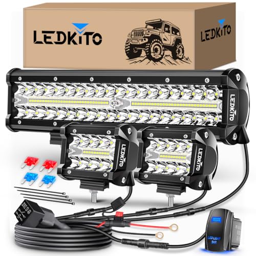 LEDKITO 12 Inch LED Light Bar and 2PCS 4 Inch LED Pods with Rocker Switch 3 Lead Wiring Harness Kit Triple Row Off Road Light Bar Spot Flood Combo Light Bar for UTV Truck Tractor Boat