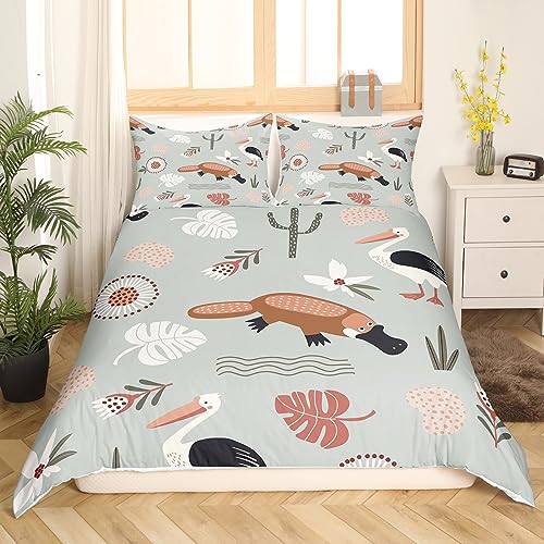 Kids Cartoon Bedding Set Single Size Funny Platypus Pelican Duvet Cover Cute Australian Animals Comforter Cover for Teens Adults,Rustic Botanical Plants Flowers Quilt Cover 2Pcs,Platypus Decorations - Image 2