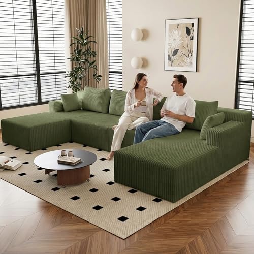 Image of 142 inch U-Shape Cloud Couch, Modern Modular Sectional U-Shape Sofa, Corduroy Boneless Couch Upholstered Couches Deep Seat Sleeper Chaise Longue for Living Room, No Assembly Required,Green