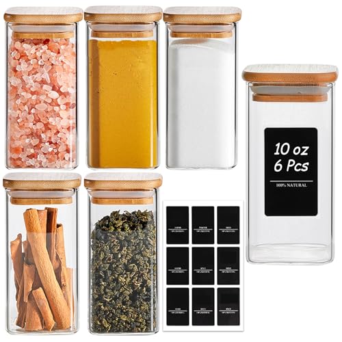 ComSaf 6Pcs 10 oz Large Spice Jars with Label Trial Set, Glass Spice Jars with Bamboo Lids Supplementary Set, Seasoning Container Trial Pack, Perfect for Ktichen Starter