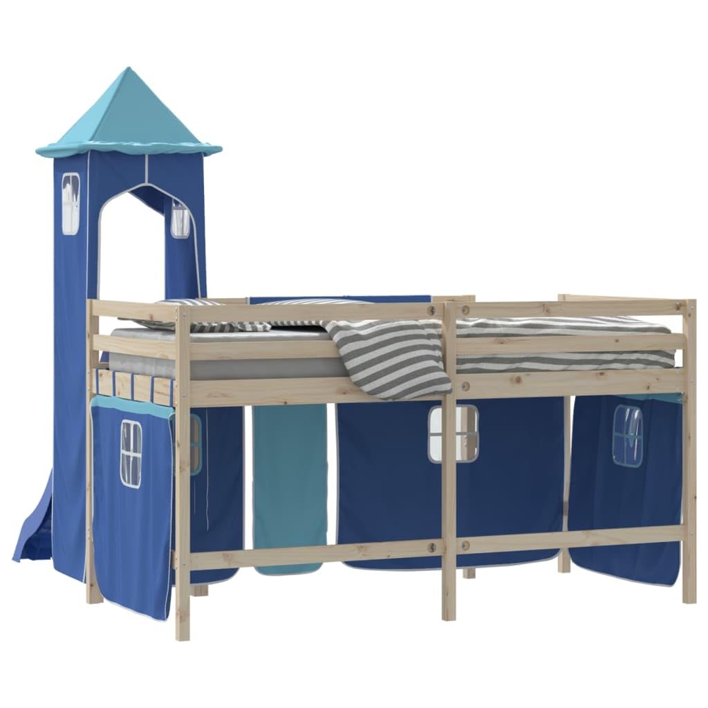 Cortinas para cama alta con torre azul de poliéster, accesorios de cama para habitación infantil, juego de 7 piezas con bolsillos, alzapaños y tubos de metal para somier, zona de juegos y