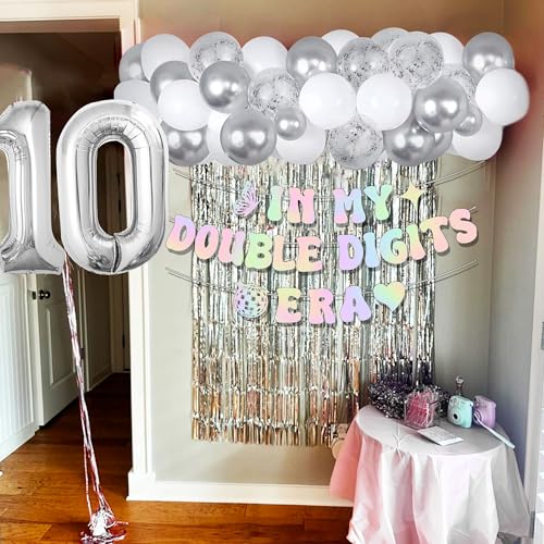 Image of 10th Birthday Decorations In My Double Digits Era Banner Double Digits Birthday Happy 10th Birthday Decorations for Silver Number 10 Balloon Girls Boys Double Digits Party Supplies