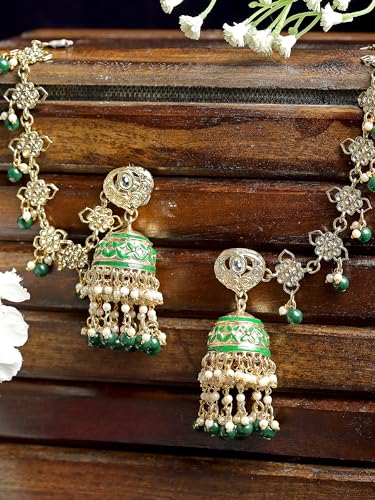 Image of Karatcart Gold Plated Pearl Chain Kundan Kaanchain Earrings for Women