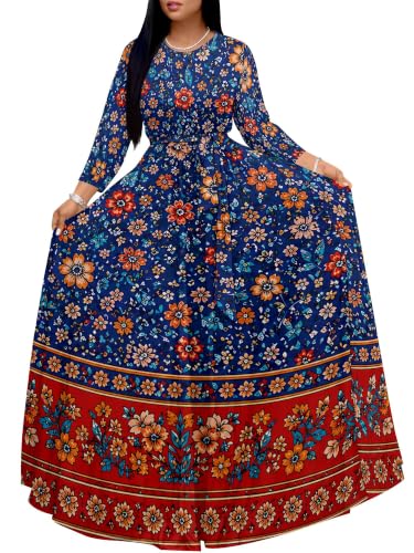 Image of Women Plus Size Long Sleeve V Neck Maxi Dress with Belt | Soft fabric relaxed fit three quarter sleeve v neck with pockets for party and daily wear