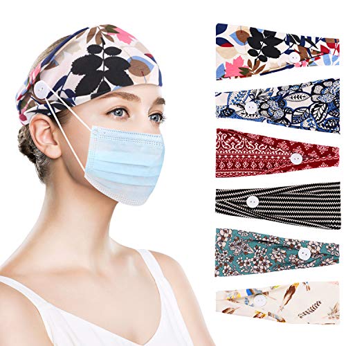6 Pcs Headbands for Women with Buttons for Face Mask, Yoga Running Sports Headbands Elastic Non Slip Sweat Headbands Head Wrap Workout Headbands Hair Wrap for Women