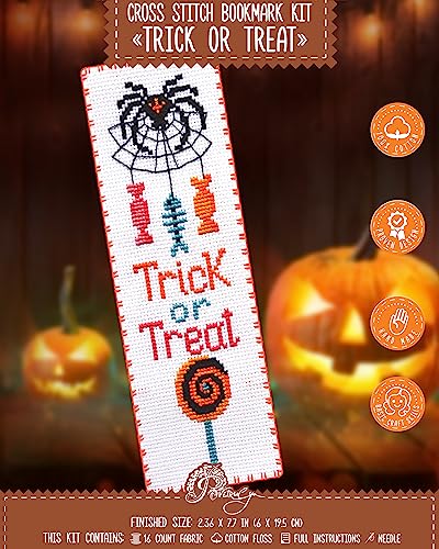 Image of Povitrulya Halloween Cross Stitch Kit Trick or Treat - DIY Bookmark Set for Hand Embroidery