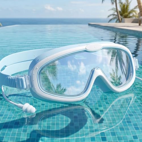 HD Children's Large Frame Waterproof and Anti-Fog Swimming Goggles (blue white)