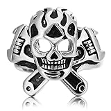 SAINTHERO Men's Gothic Stainless Steel Rings Silver Black Spanner Mechanic Wrench Tool Skull Biker Rings Size 8