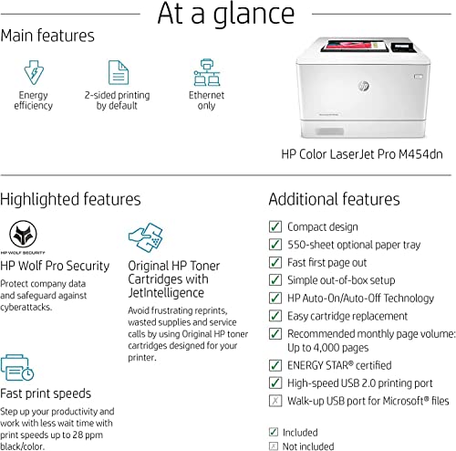 Hp Color Laserjet Pro M454Dn Printer, Auto Duplex Printing, 2-Line Lcd Display, Auto-On/Auto-Off Technology, 28 Ppm, 256Mb, 250-Sheet, White, Bundle With Cefesfy Printer Cable #TOP3