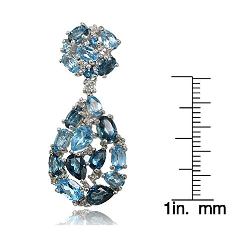 Sterling Silver London Blue, Swiss Blue and White Topaz Cluster Tonal Teardrop Dangle Earrings4