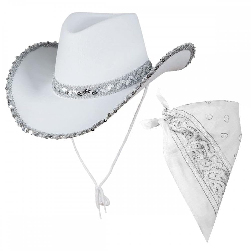 Titch & Timbo Texan Sequin Cowgirl Hat + Bandana Set : Adult Womens Western Cowboy Wild West Hen Night Rodeo Barn Dance Music Festival Pop Tour Fancy Dress Accessory (White)