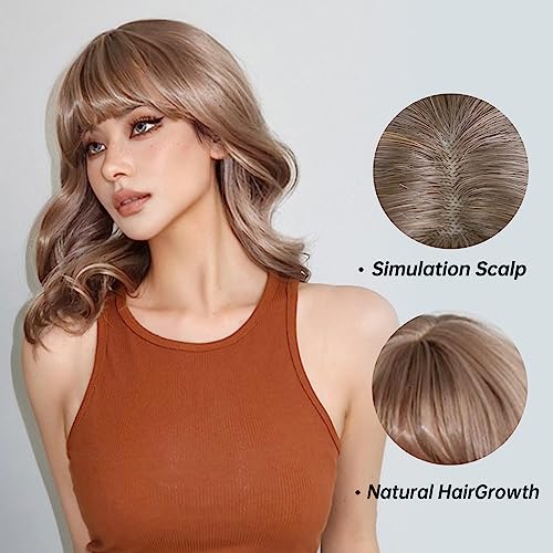 Perruque synthétique de vague naturelle blonde cendrée anti-reflets artificiels frange fluide