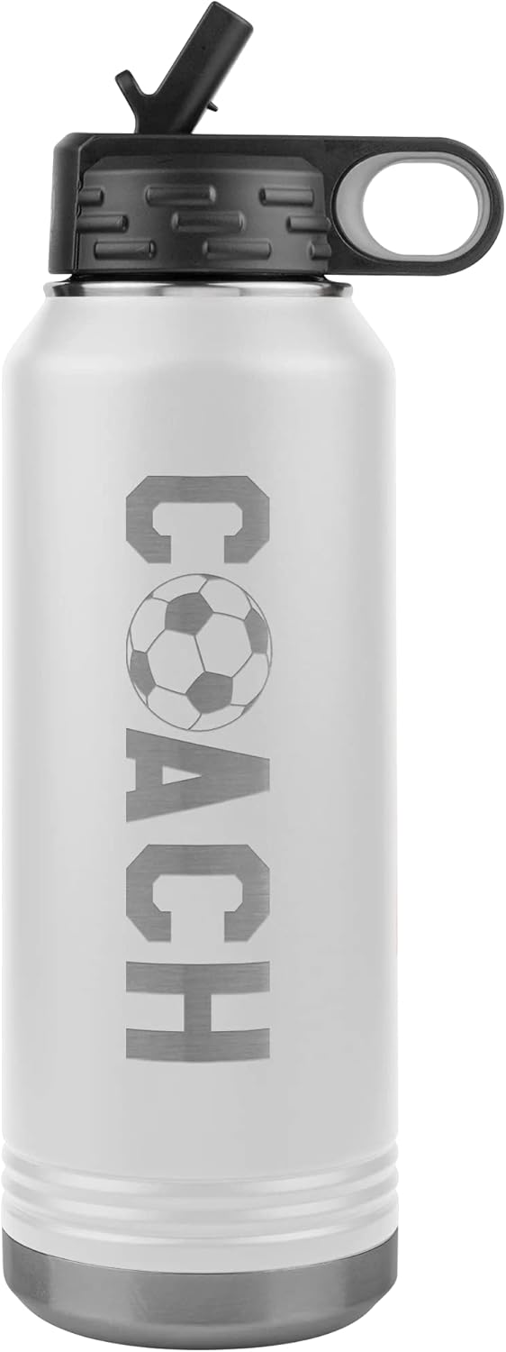 Soccer Coach Water Bottle - 32oz Insulated Engraved Stainless Steel Flip Top With Straw Soccer Coach Gift Black