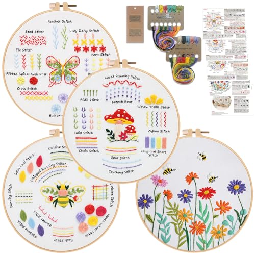 Louise Maelys Embroidery Kits for Beginners,4 Packs Practice Tool,Beginner Embroidery Kit for Adults,Learn 30 Basic Stitches,DIY Hand Sewing Gift Cross Stitch Starter with Hoop and Instruction