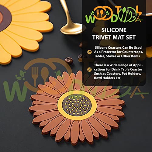 Image of Silicone Trivet Mat - Sunflower Hot Pot Holder Pads - Coasters for Kitchen - Placemat for Hot Dishes - Hot Pads for Table (Set of 4, Small, Brown)