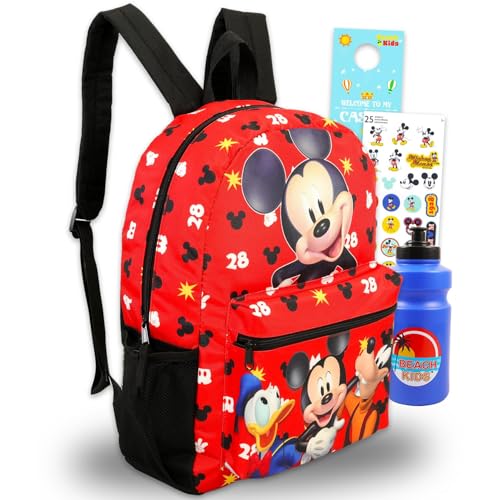 Disney Mickey Mouse Backpack for Kids - Bundle with 16 School Backpack with Water Bottle, Stickers, More | Mickey School Bag Set for Kids, Toddlers, Boys
