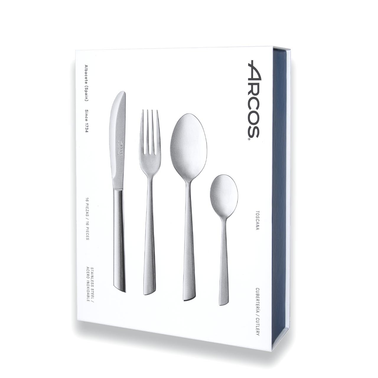 ARCOS Juego de Cubiertos de 16 Piezas para Mesa. Cuberterí­a Completa para 4 Personas. Set de 4 Cucharas, 4 Cuchillos, 4 Tenedores y 4 Cucharas de Postre. Serie Toscana. Color Plata