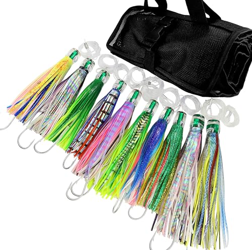 OCEAN CAT Saltwater Trolling Lures Set, Offshore Fishing Lure Rigged Circle Hook & 6 in/9 in Hoochie Soft Skirts for Catching Mahi, Tuna, Wahoo and Big Game Fishes (6" 7" 9"-10 pcs/Bag)