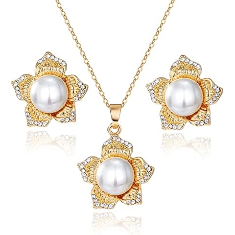 17IF Pearl Flower Earrings Necklace Gold Jewelry Sets For Women Bride Bridesmaids Wedding Party Prom, Dainty Jewelry Gift(Flower) Cover