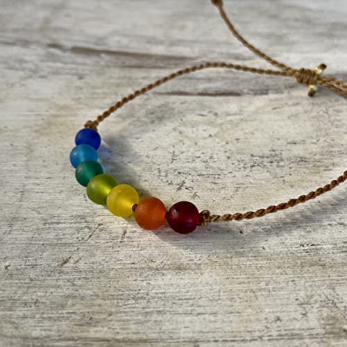 Rainbow Chakra Seven Ball Sea Glass Beach Anklet On Our Hand Spun Cord, Great Pride Celebration Or Cheer Up Gift, Handmade In The Caribbean (Anklet) #TOP3