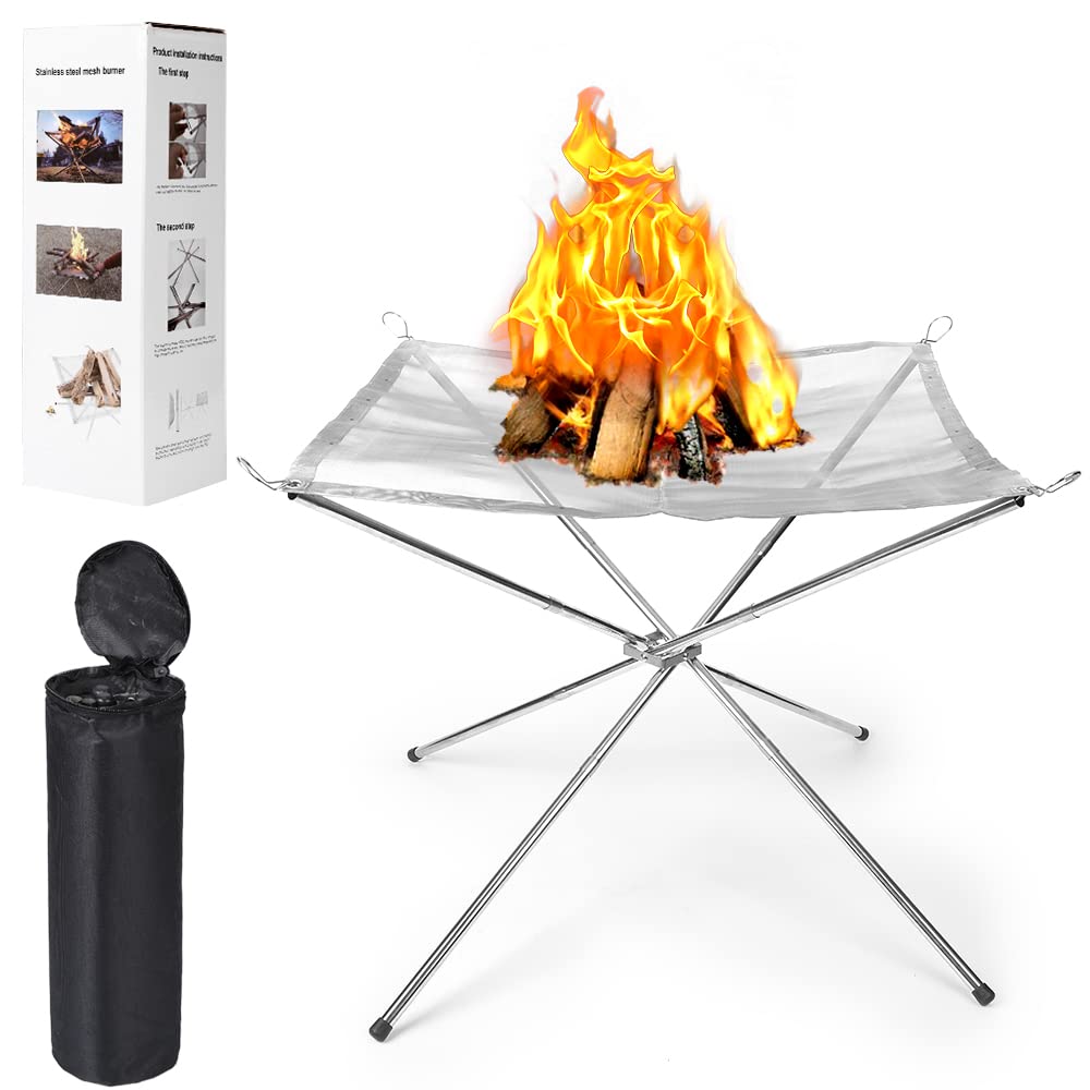 Vuurschaal, 56 cm, outdoor, roestvrij staal, voor tuin, camping, strand, barbecue en picknick, draagbare vuurkorf met rooster