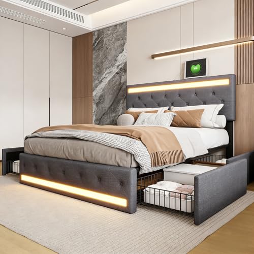BRILVERDE Cama tapizada 140x200 con almacenaje, con 4 cajones, Cama matrimonial con Toma USB y luz LED, con cabecero y somier de láminas, Lino (Grigio, 140 x 200 cm)