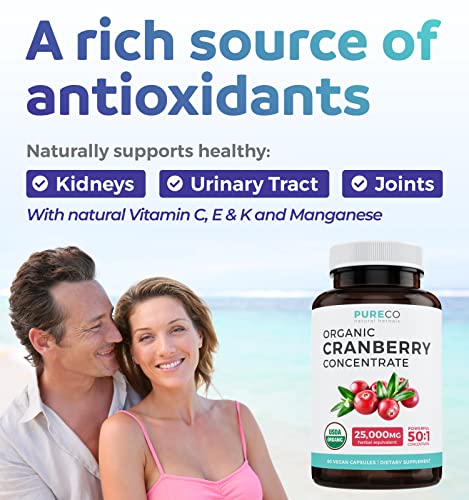 Pure Co 0643517992163 Organic Cranberry Pills - 50:1 Concentrate Equals 25,000Mg Of Fresh Cranberries (Vegan) For Urinary Tract Health & Kidney Cleanse - Cranberry Pills For Women - Uti Support Supplement thumb #2