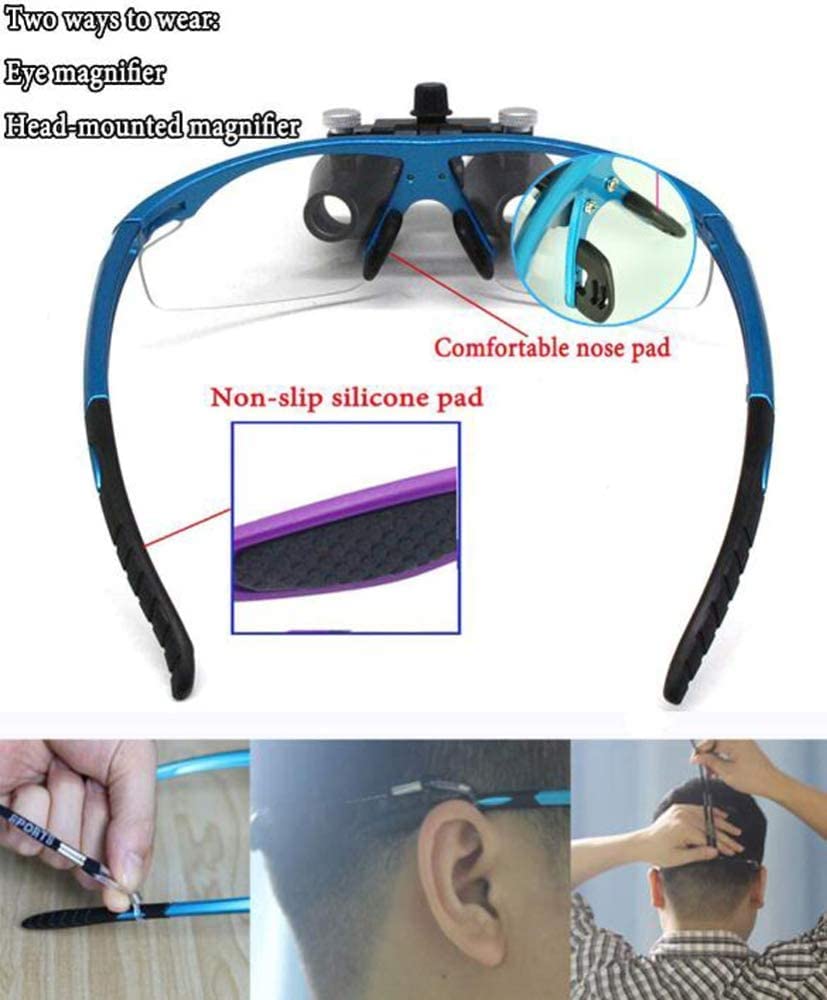 Lupa, lupa de cirugía de 3,5 x 420mm, lupa binocular, diadema manos libres, con faros LED, con conveniente bolsa de transporte, para aficiones, electricistas, joyería, azul