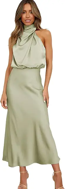 Green Satin Fringe Collar Sleeveless Evening Party Maxi Dress
