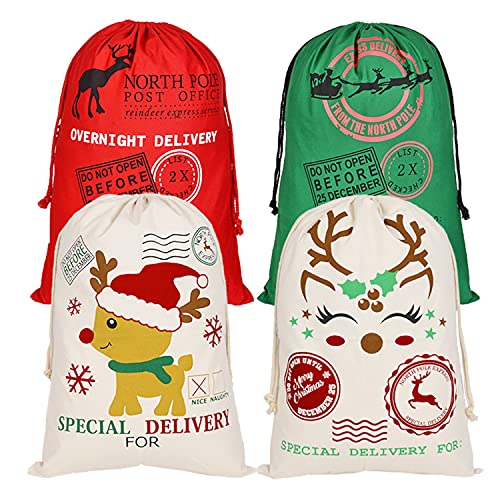 PIXHOTUL 4 Stück Weihnachtssäcke Weihnachtsbeutel aus Baumwolle Großer Weihnachtsgeschenkbeutel mit Kordelzug 70 x 50 cm (Muster B) Cover