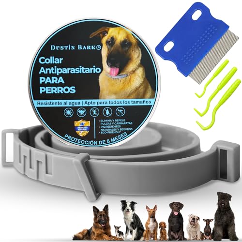Dustin Bark® Collar Antiparasitario para Perros + Regalo Peine antipulgas contra Pulgas Garrapatas y Mosquitos Collar Antipulgas y Antigarrapatas para Perro Collar Ajustable protección hasta 8 Meses