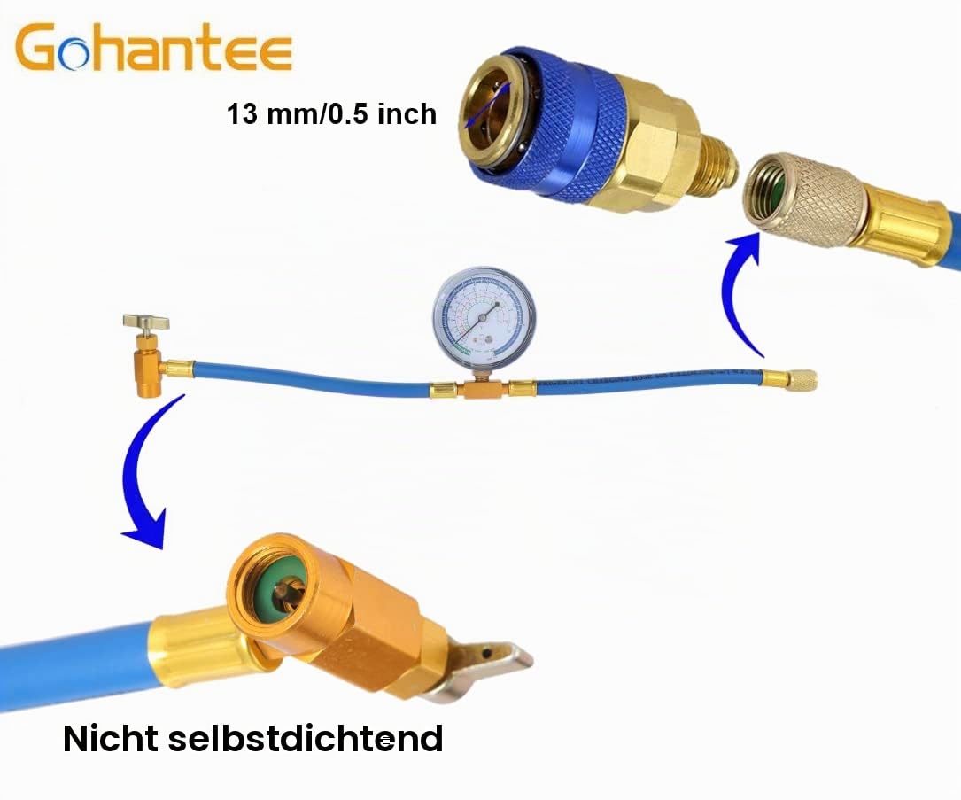 gohanee R134A Klimaanlage Kältemittel Aufladeschlauch, Auto Nachfüll Messschlauch Kältemittel Schnellkupplung 1/4 Stecker Anschluss-Kit und BPV31 Piercingventil für Klimaanlage