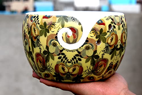 Image of Multi Purpose Wooden Yarn Bowl - Yarn Holder Rosewood - Knitting Bowl Handmade Wooden Yarn Bowl for Knitting and Crochet | Large Knitting Bowl Mother's Day Gift (Yellow Design)