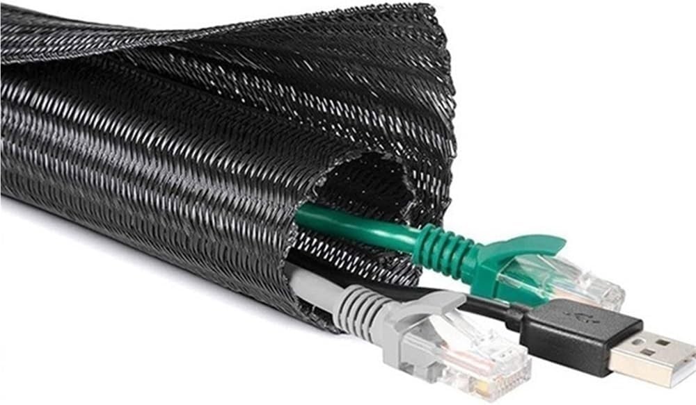 Manguitos de Manguera de Cable Trenzado, Funda Trenzada Extensible de Nailon Pet de 50 m, con Correa de Tierra Extensible de 3 a 100 mm, Malla Negra(6mm)