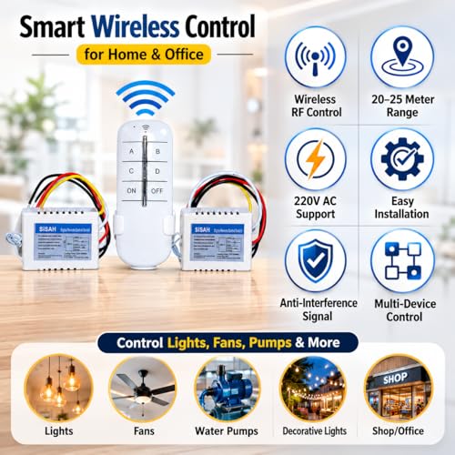 Image of SiSAH ABS Plastic 220V 2 and 2 CH 2 Receiver and 1 Transmitter Wireless Remote Control Switch