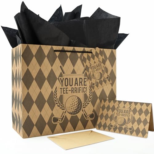 JAYTEM Kraft Golf Gift Bag 13 Large Classic Argyle Pattern Golf Design Gift Bag Set with Greeting Card Tag Envelope & Tissue Paper for Men Fathers Day Golf Themed Birthday Sports Party Favor
