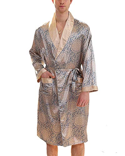 Mens Satin Robe Lightweight Silk Spa Bathrobe Shorts Nightgown Long Sleeve House Kimono Printed Bathrobe Pajamas Set Blue Gold