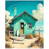 Beach Cabin Paint by Numbers Kit for Adults - DIY Coastal Cottage and Surfboard Painting on Canvas 16x20In, Acrylic Paint Set, Suitable for Beginners, Art for Home Decoration or Gifts