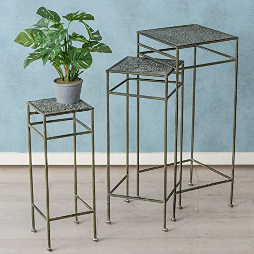 Country Style Accent Tables, Set Of 3, Plant Stands, Perforated Daisy Pattern Tops, Slim Line, Vintage Grey And Olive, Rust Resistant Metal, 29, 26, 21.75 Inches Tall, Outdoor Garden Collection #TOP1