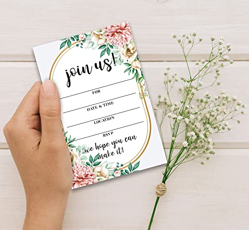 Boho Floral Greenery Invitations With Envelopes For All Occasions, 25 Pcs Blush Pink Gold Foil Blank Fill-In Invites For Bridal Shower, Wedding Reception, Engagement Party(05) #TOP2