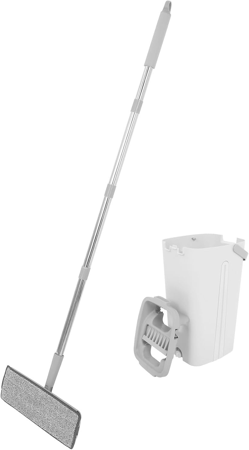 White Flat Mop and Bucket Set with Dual Use Water Scraping Design for Floors and Carpets, Washable Microfiber Pads, for Home and Commercial Spaces Cleaning