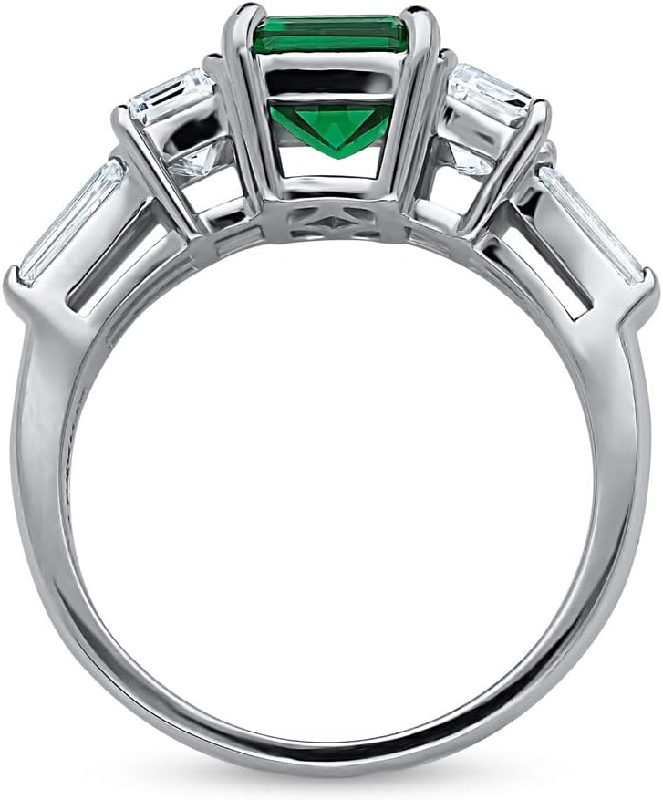 BERRICLE Sterling Silver 3-Stone Wedding Engagement Rings 2.1 Carat Simulated Emerald Emerald Cut Cubic Zirconia CZ Cocktail Anniversary Ring for Women, Rhodium Plated