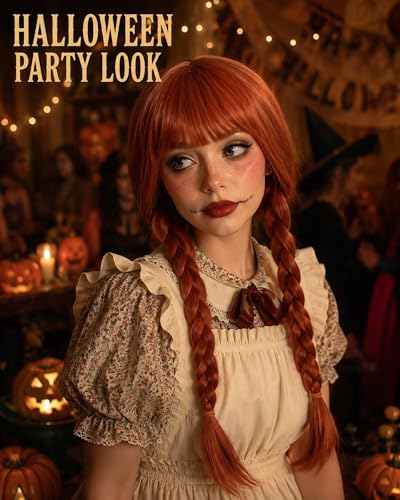 Image of Rose bud Anime Costume Agnes Annabelle Cosplay Wig Long Hair Heat Resistant Adjustable Fit 23 Inches Double Braided Orange Wigs With Bangs for Halloween Cosplay