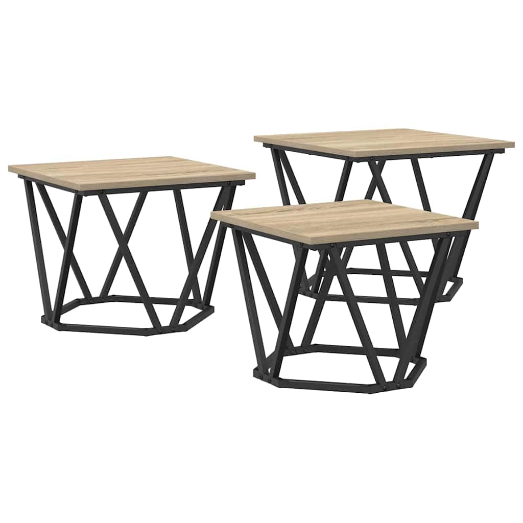 Juego de mesa de café de 3 piezas, 50 x 50 x 40 cm, roble Sonoma, aspecto de madera maciza y acero, diseño moderno, robusto y compacto, para salón, balcón u oficina
