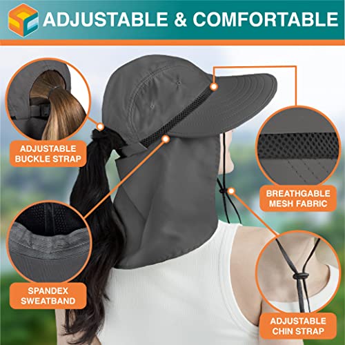 Sun Cube Women Sun Hat Neck Flap Cover, Uv Protection Wide Brim Fishing Hat, Ponytail Hole Hiking Hat, Foldable Beach Cap Gardening Camping Outdoor Safari Hat, Summer Travel Gifts Upf 50+, Dark Gray #TOP3