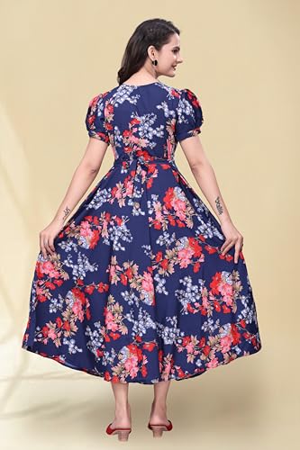 Image of Women's A-Line Crepe Maxi Dress | Stylish Fit and Flare Dress with Round Neck Short Puff Sleeves for Casual Wear