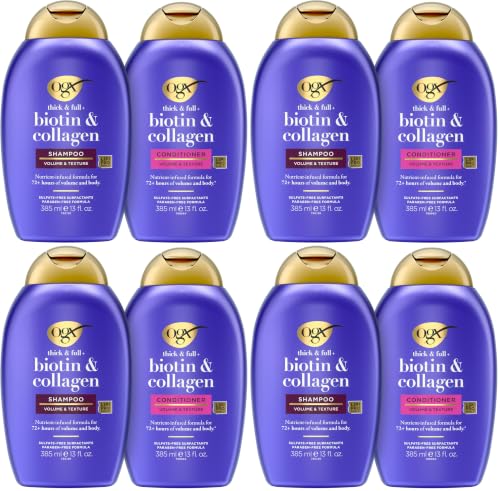 OGX Thick &amp; Full + Biotin and Collagen for Hair Volume &amp; Body, Sulfate Free Volumizing Shampoo &amp; Conditioner Set for Fine &amp; Thinning Hair, Nutrient-Infused, Vitamin B7, 13 fl oz (Pack of 8)