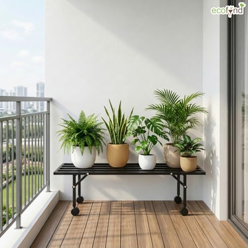 Image of ecofynd Scot 35 Inch Plant Stand with Wheels for Outdoor Balcony, Flower Pot Stand for Indoor Plants, Large Metal Planter Stand for Living Room, home decor, Indoor & Outdoor plants, 1 Tier (PS051-BLK)