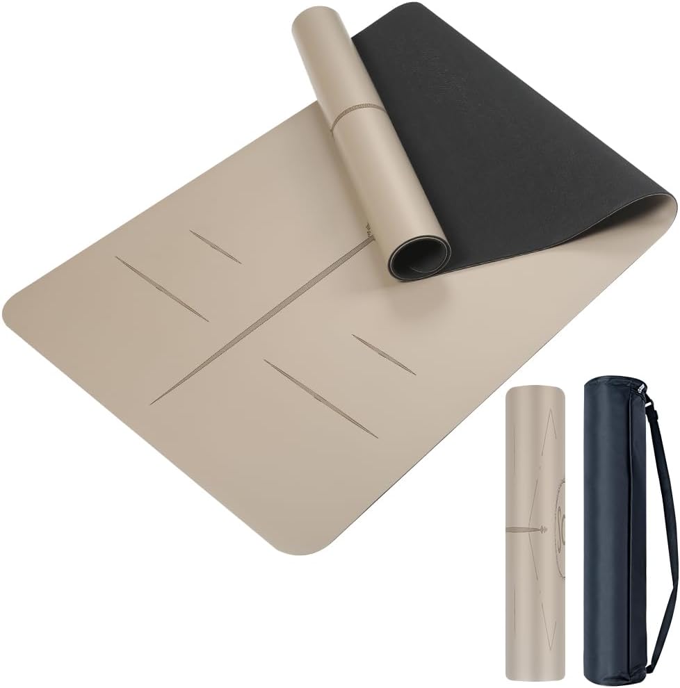 Natural Rubber Yoga Mat - Non Slip Non Toxic - 72’'x26.8''x5mm - Hot Yoga, Pilates, Floor Workout - For Women and Men - with Carrying Bag (Latte Grey)